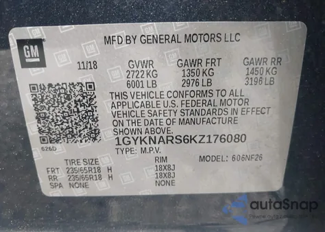 2019 Cadillac Xt5 Standard z USA, uszkodzony, nr VIN 1GYKNARS6KZ176080